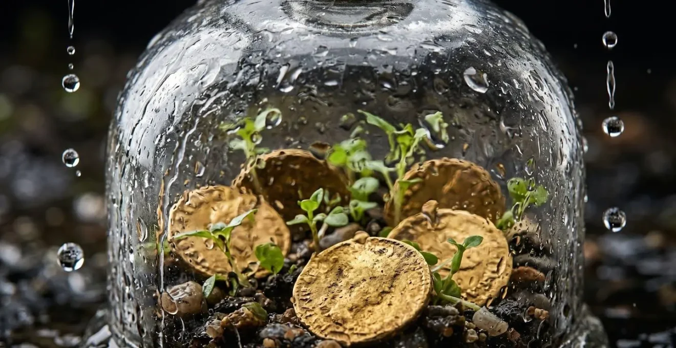 Glass dome protecting golden coins and green shoots from rain drops falling outside