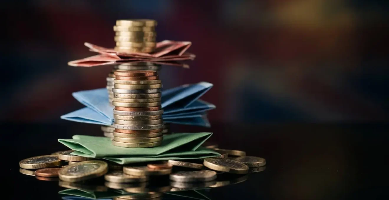 A symbolic visualization of a tiered emergency fund, with stacks of British coins arranged in ascending levels.
