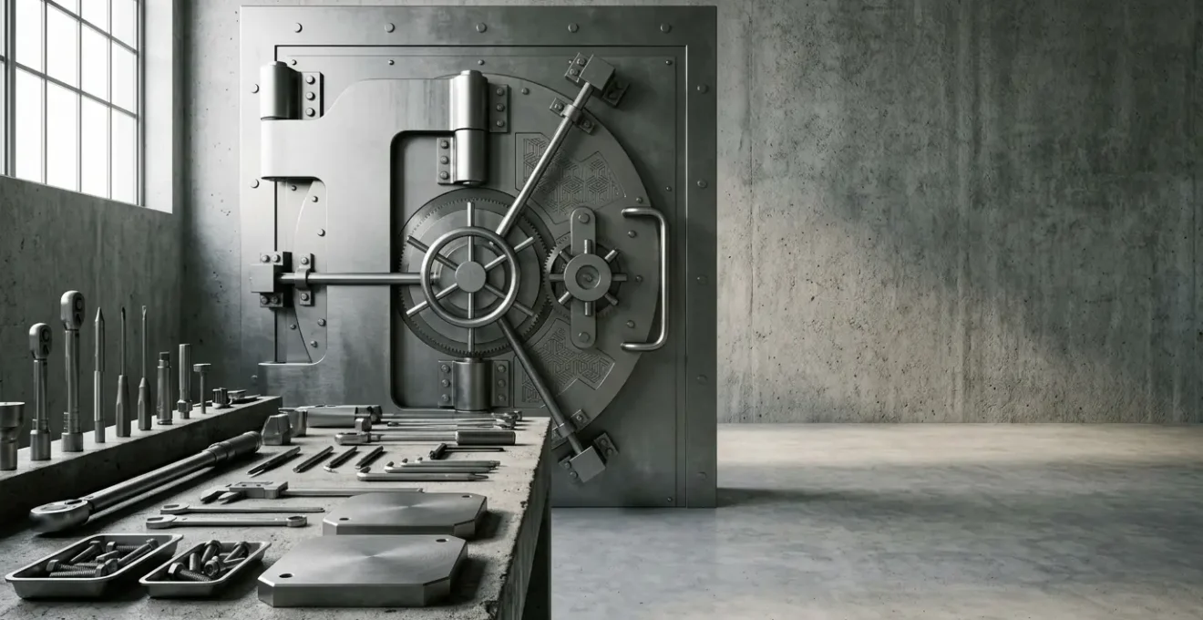 Physical security setup for cryptocurrency seed phrase backup storage showing durable metal protection