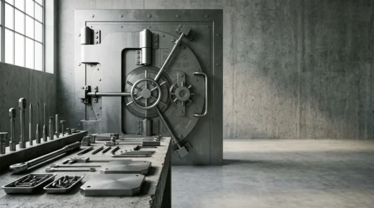 Physical security setup for cryptocurrency seed phrase backup storage showing durable metal protection