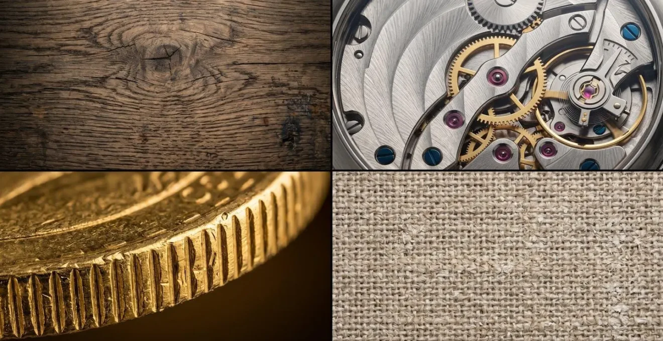 A composite macro photograph showing the detailed textures of real-world assets: the grain of a whisky cask, the weave of a canvas, and the ridges of a gold coin.