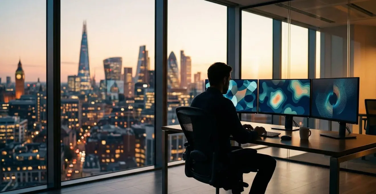 Professional retail trader analyzing UK stock market algorithmic strategies on multiple screens