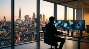 Professional retail trader analyzing UK stock market algorithmic strategies on multiple screens