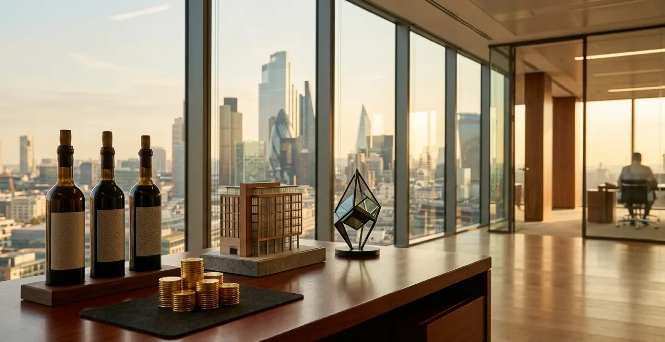 Sophisticated UK investor analyzing diverse alternative assets from London financial district office