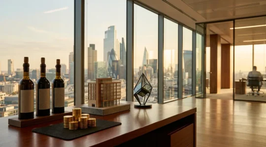 Sophisticated UK investor analyzing diverse alternative assets from London financial district office