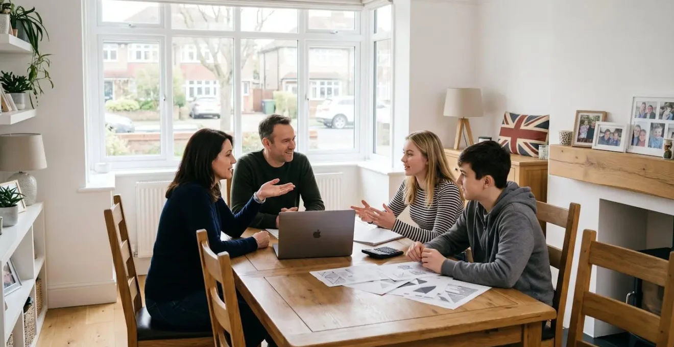 A UK family gathered around their dining table with a laptop and papers, engaged in a financial planning discussion.