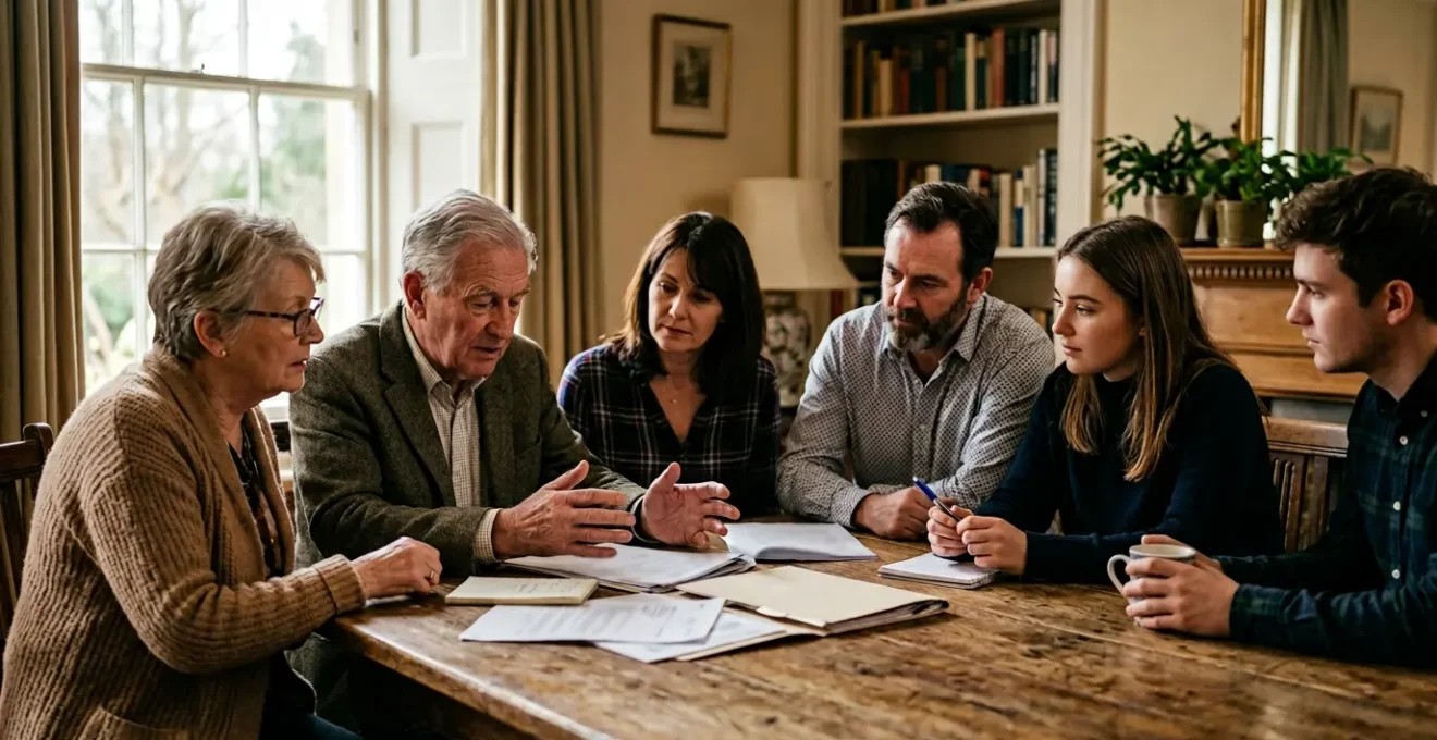 A British family reviewing estate planning documents in a warm home setting with subtle UK architectural elements visible through windows