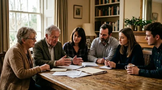 A British family reviewing estate planning documents in a warm home setting with subtle UK architectural elements visible through windows