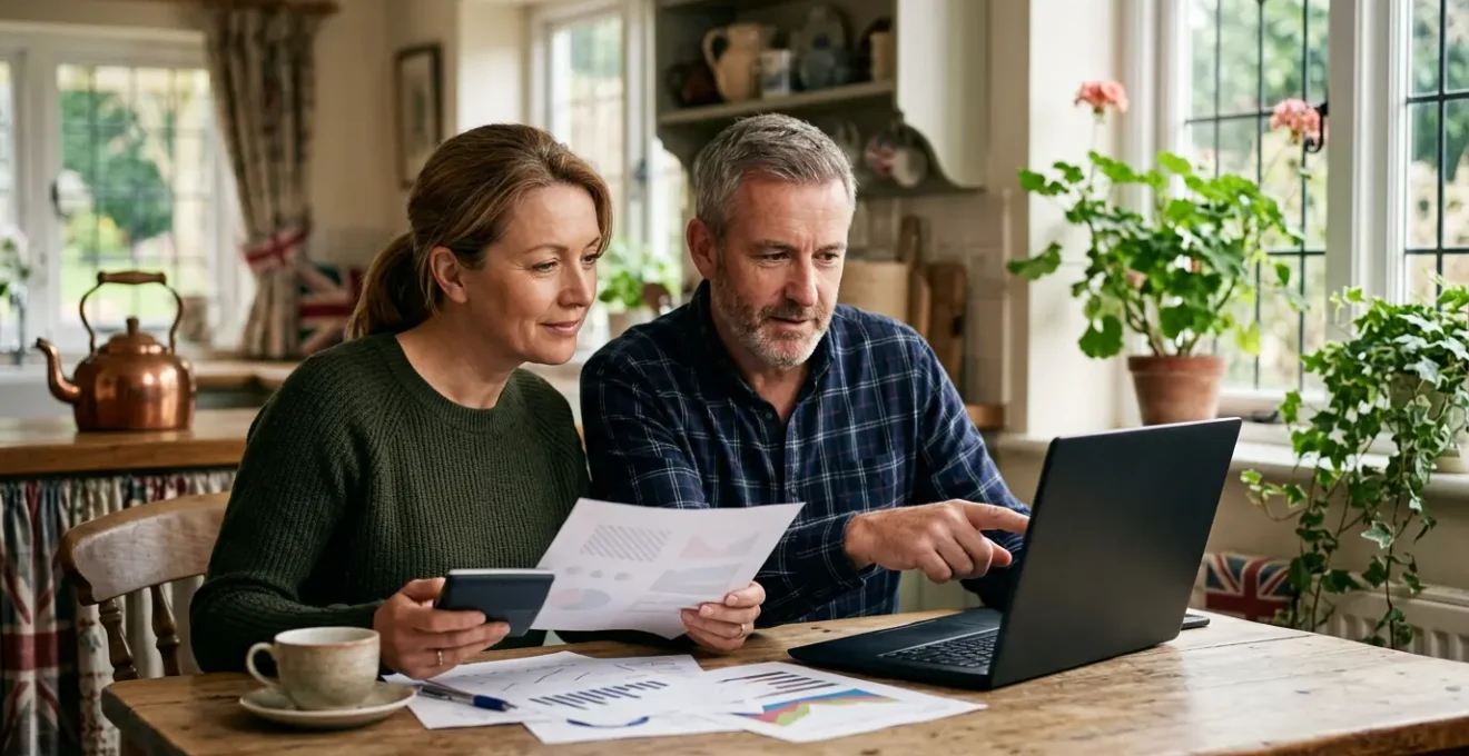 British family reviewing financial documents at kitchen table with calculator and laptop in warm home setting