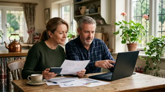 British family reviewing financial documents at kitchen table with calculator and laptop in warm home setting