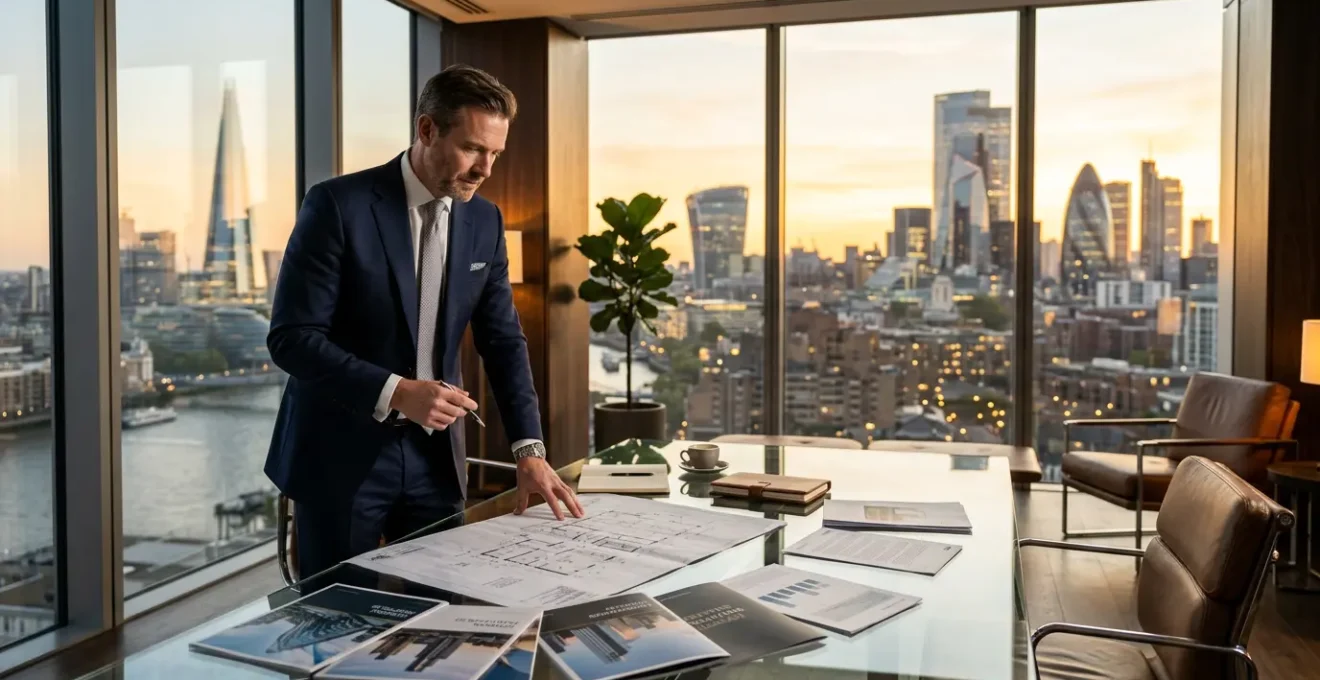 Professional property investor reviewing multiple UK properties on digital screens with London skyline backdrop
