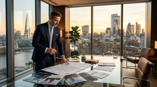 Professional property investor reviewing multiple UK properties on digital screens with London skyline backdrop