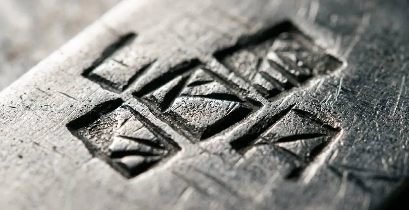 Extreme close-up of titanium seed phrase backup plate showing stamped character detail and metal texture